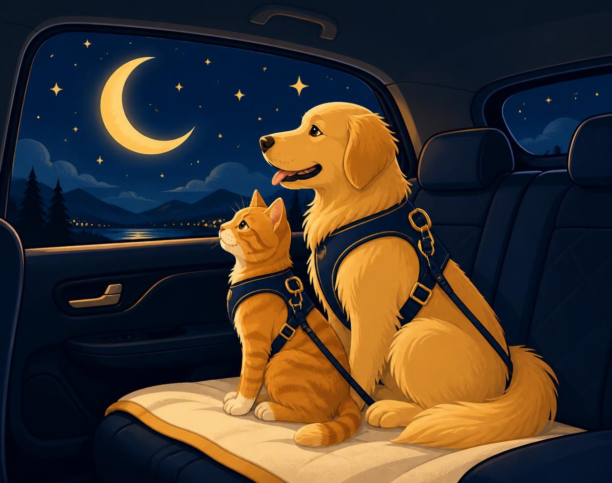 Perro y gato viajando seguros con arnés en el asiento trasero, mirando la luna creciente por la ventana